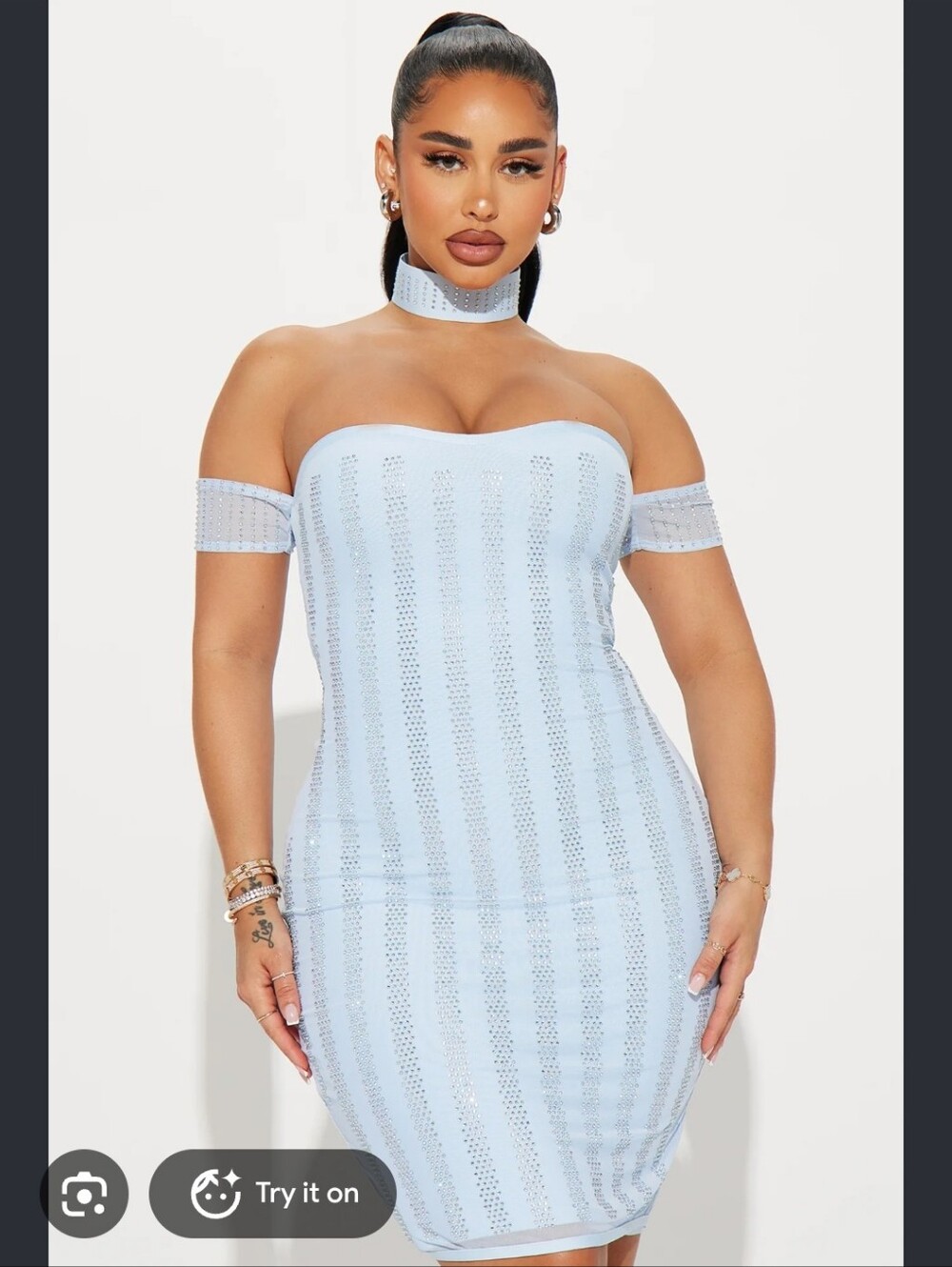 Fashion Nova Light Blue Embellished Cowl Rhinestone Celestial Bandage Dress